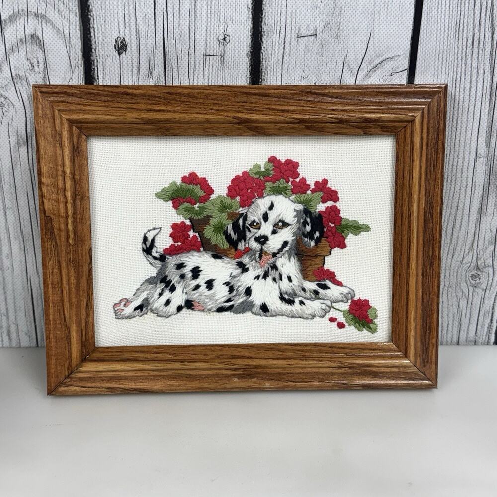 Vtg Spotted Pup Dalmatian Puppy Needlepoint Crewel Embroidery Framed 6.75”x8.5”